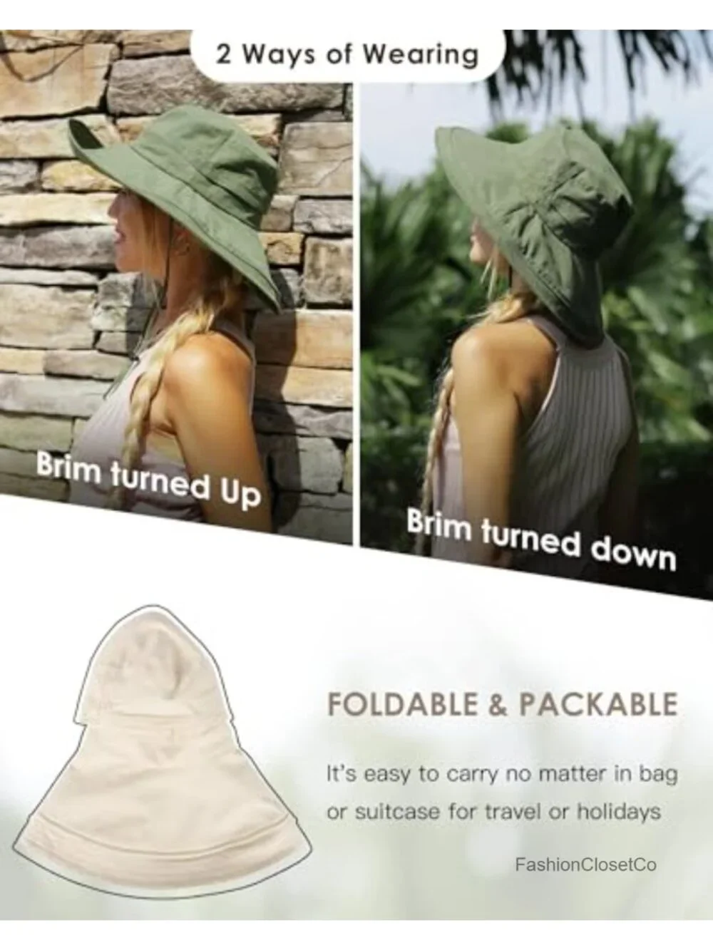 Wide Brim Sun Hat with Ponytail Hole Foldable Adjustable Cotton Beach Hat